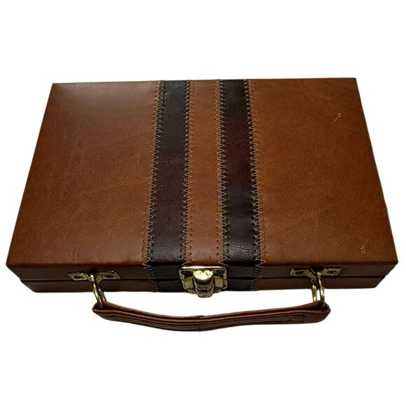 Vintage Domino Set Leatherette Case 28 Heavy Tiles Brass Spinner Travel Game - Picture 7 of 9